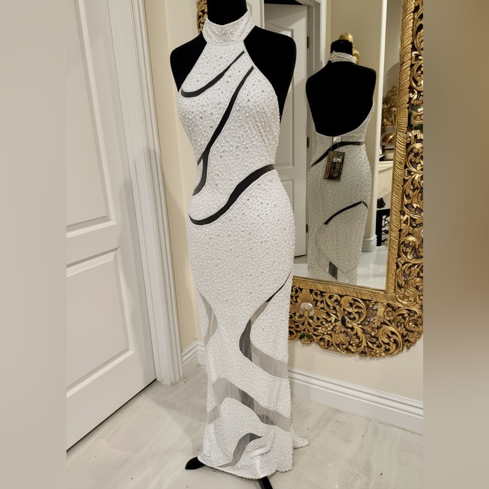 Elegant White hand beadedโ Evening Dress with sheer cutouts
